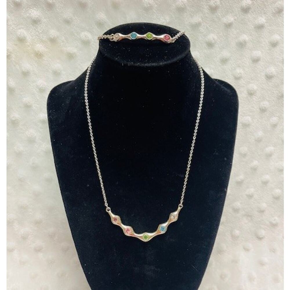 Vintage NRT (Signed) Silver Multicolor Rhinestone Necklace & Bracelet Set-NWOT